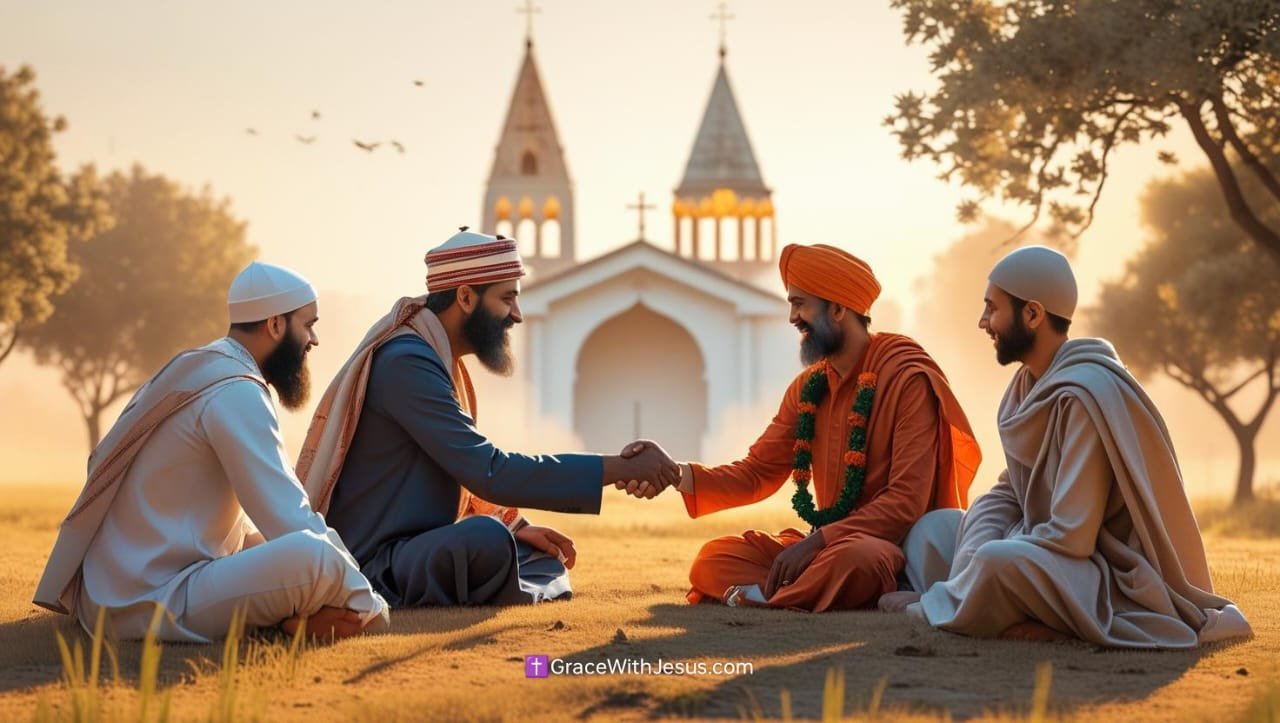 ईसाई और अन्य धर्मों के लोग आपस में शांति और प्रेम से मिलते हुए – गलतफहमी दूर होती हुई