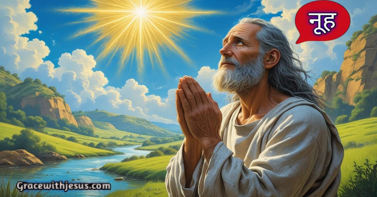 नूह प्रार्थना करते हुए – बाइबल में नूह को परमेश्वर से बुलावा मिलता है, विश्वास और आज्ञाकारिता का दृश्य।