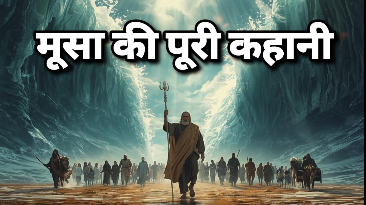 मूसा लाल सागर के सामने लाठी के साथ खड़े हैं, समुद्र दो भागों में बंटा है और इस्राएली लोग सूखी भूमि पर निकल रहे हैं – बाइबिल की पूरी कहानी