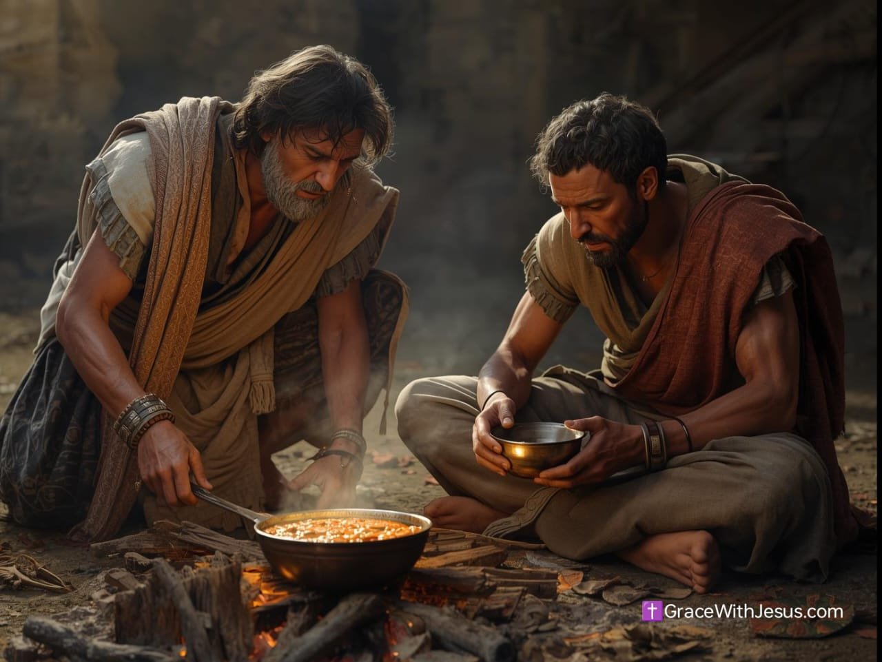 याकूब और एसाव का जन्म-अधिकार बेचना, एसाव थका हुआ बैठा है और याकूब दाल पकाते हुए