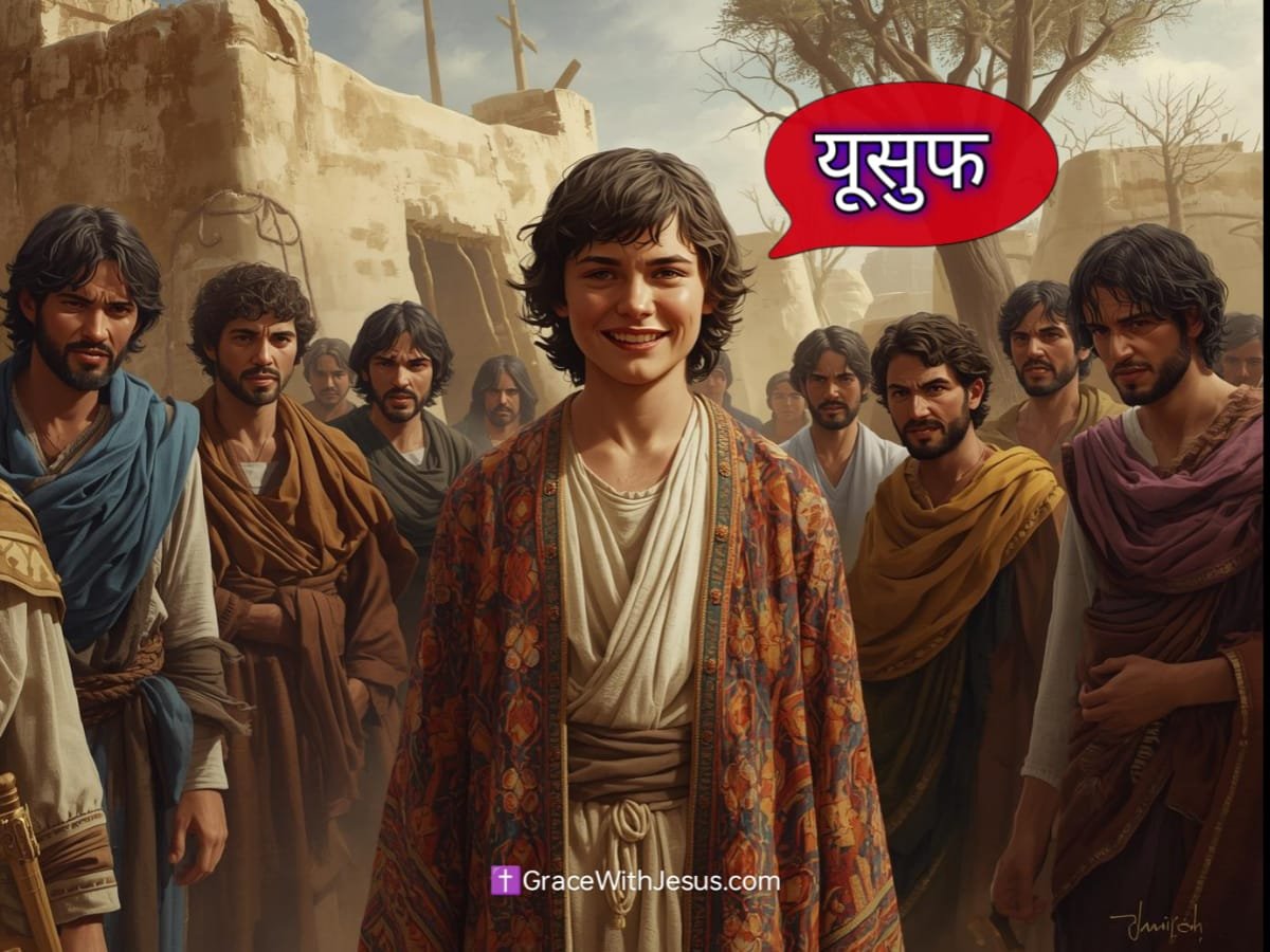 यूसुफ़ रंग-बिरंगा वस्त्र पहने हुए और उसके भाई ईर्ष्या से उसे देखते हुए – यूसुफ़ की कहानी।